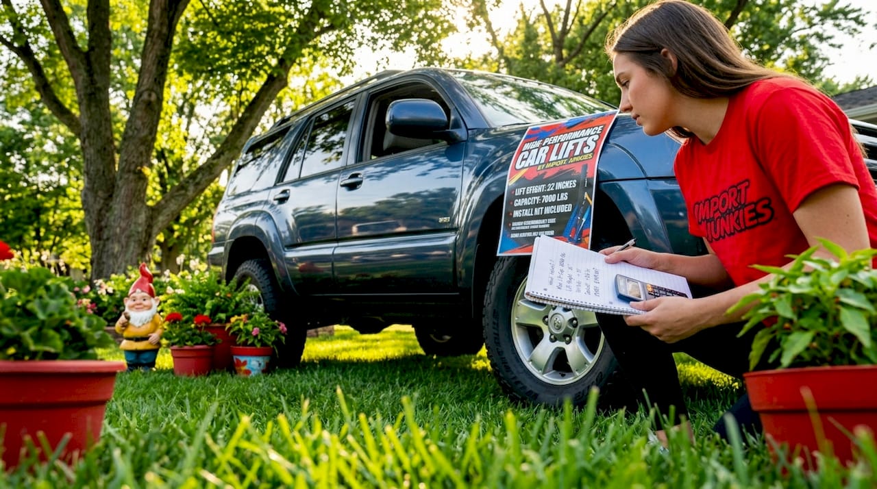 Woman calculating car lift requirements outdoors