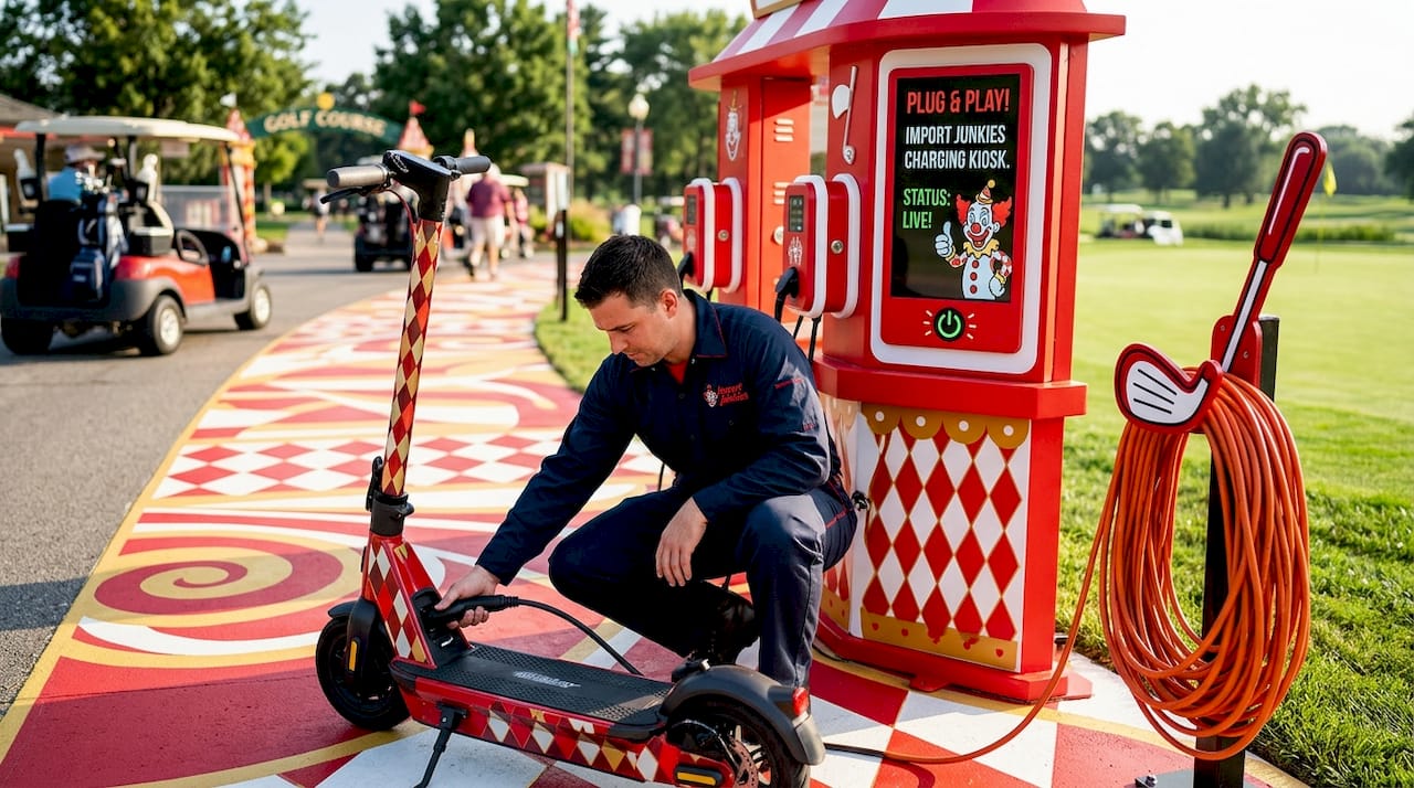 Worker plugs scooter into golf club charging station