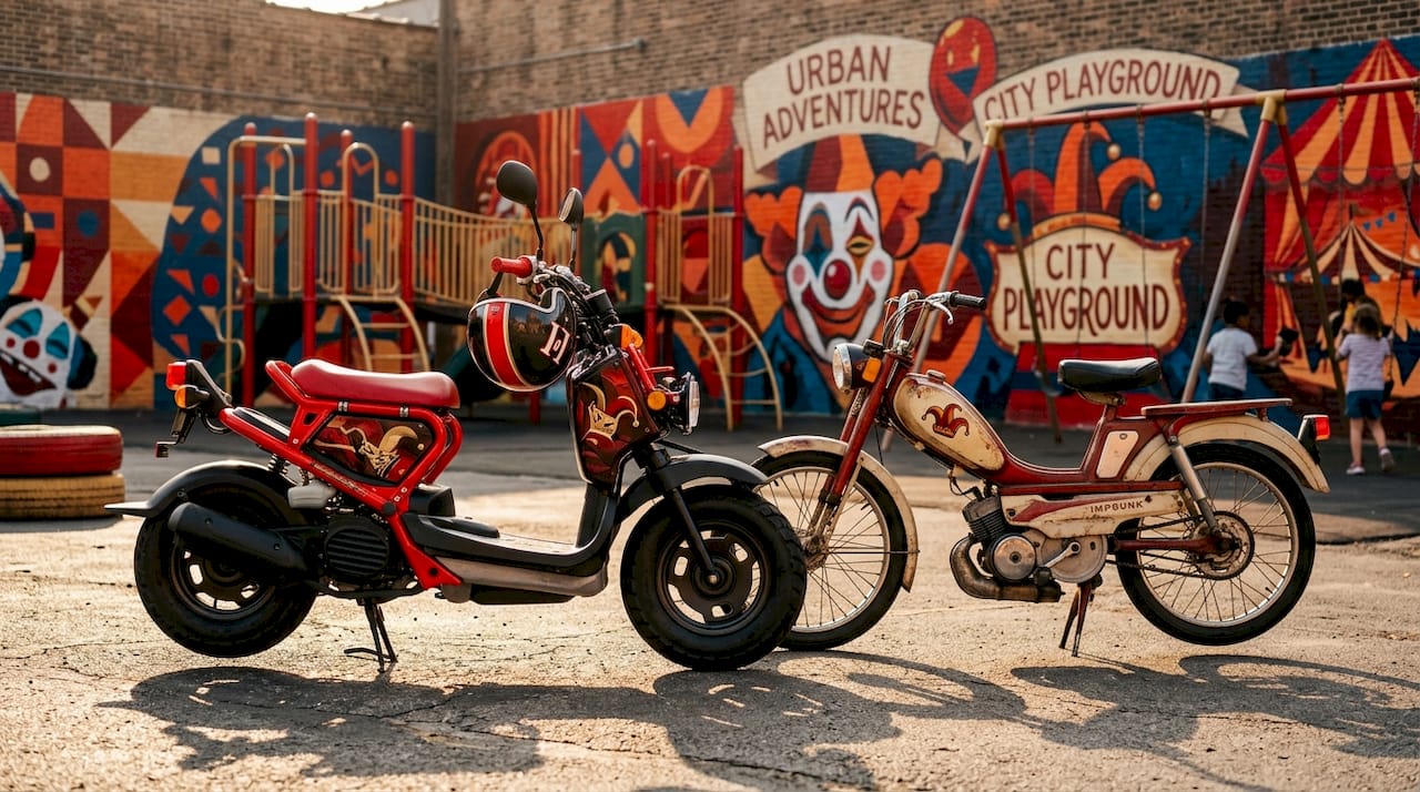 Scooter and moped parked side by side outdoors