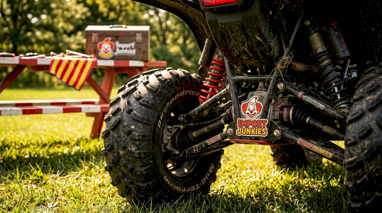 Close-up of ATV drivetrain and suspension
