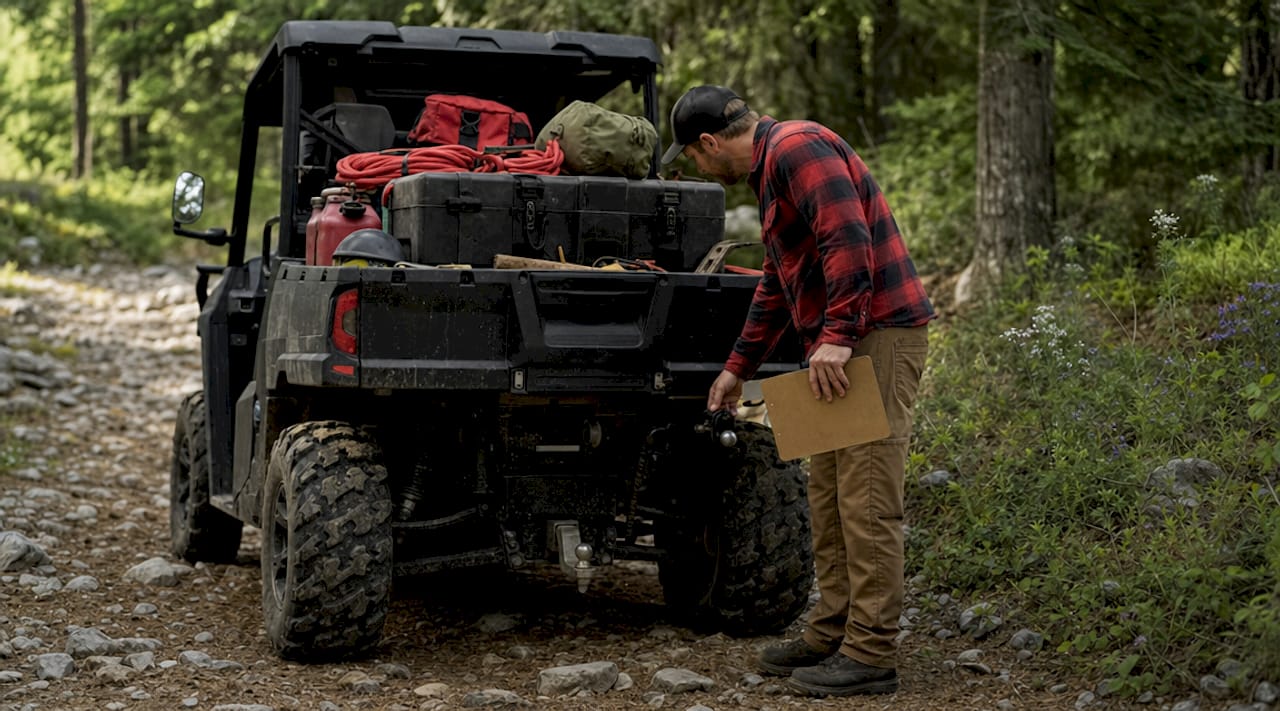 Close-up of commercial ATV cargo and towing setup outdoors