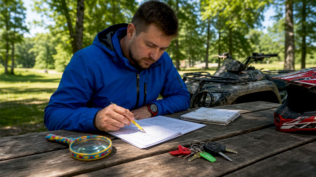 Hands organizing ATV checklist and documents outdoors