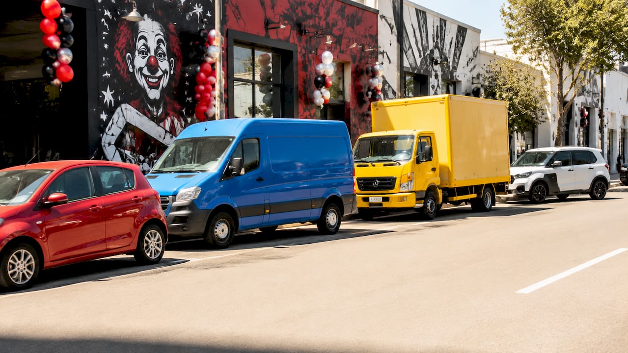Diverse business vehicle types parked outdoors