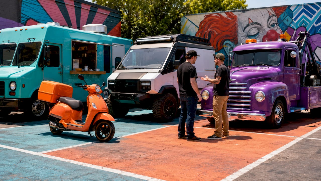 Overhead view of diverse specialty vehicles parked