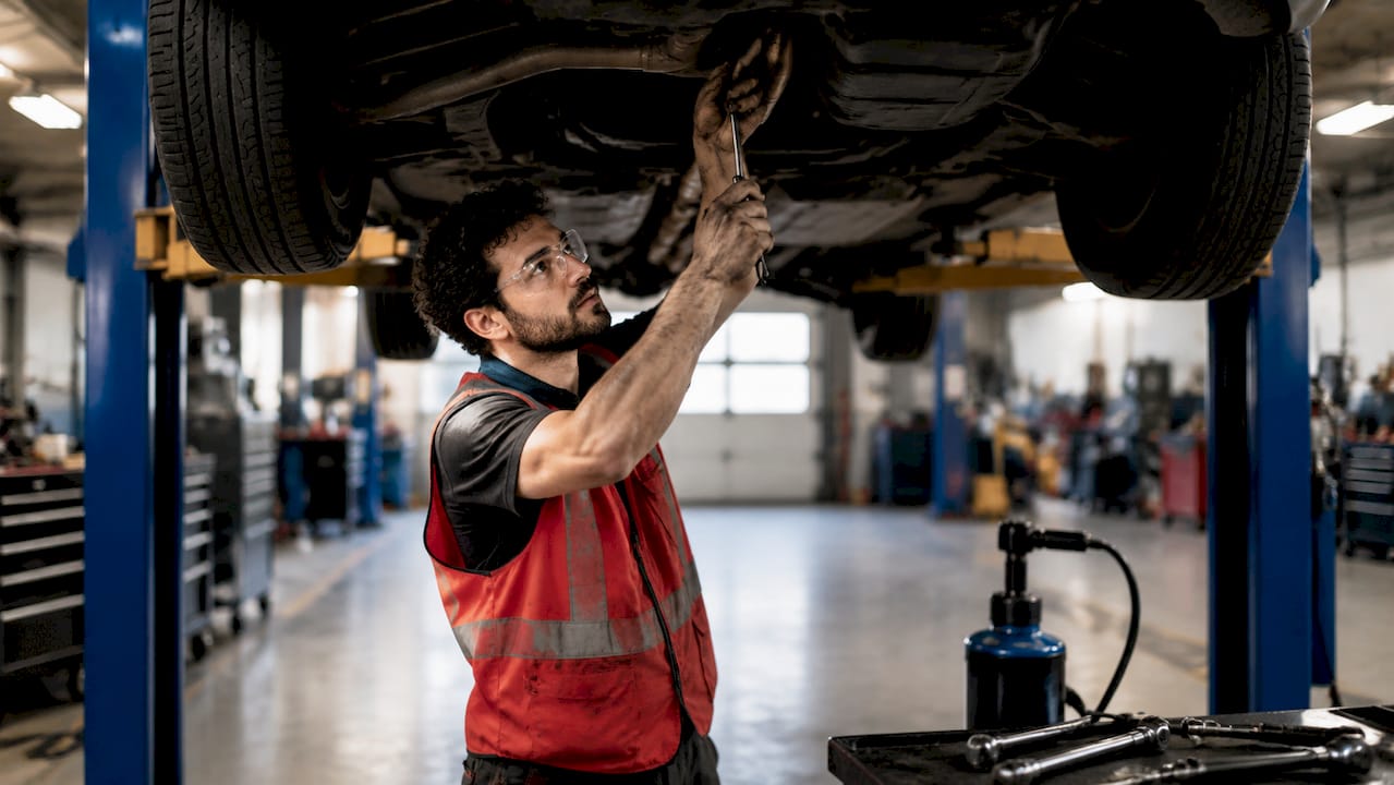 Technician adjusting two-post auto lift arms in repair shop