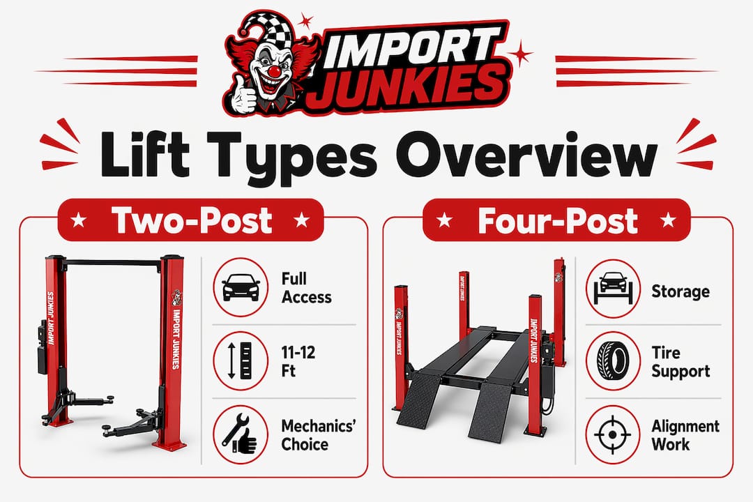 Infographic comparing two-post and four-post auto lifts