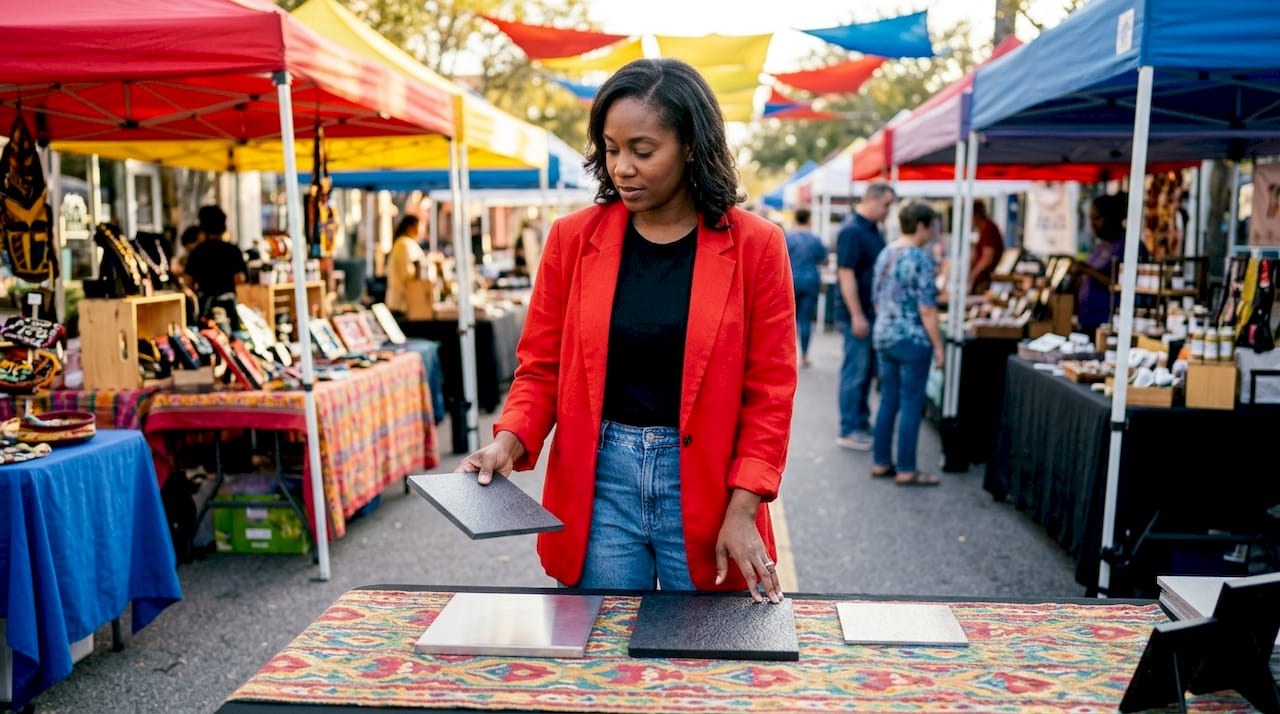 Woman assessing utility cart material samples at desk