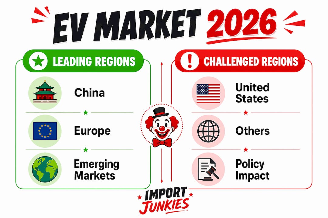 Infographic comparing regional EV market performance 2026