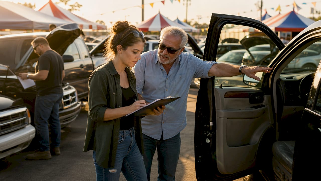 Licensed dealers inspecting vehicles at auction