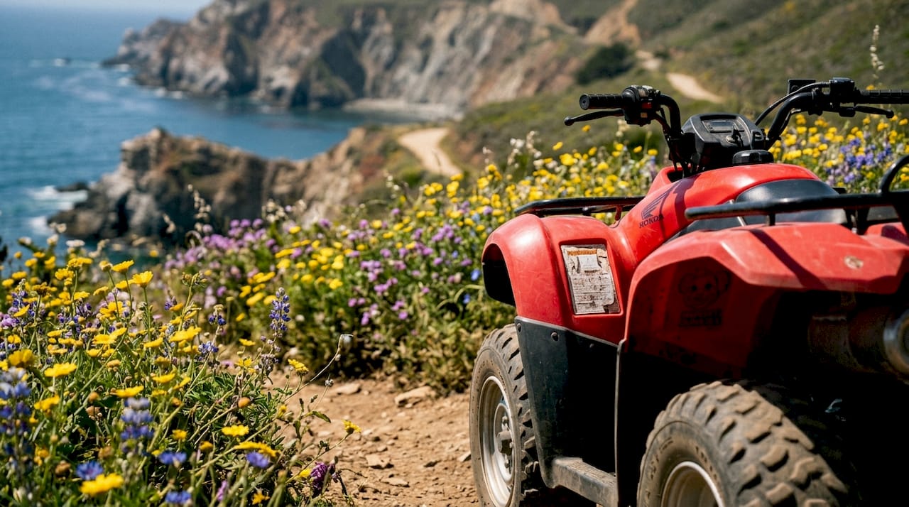 Red ATV with registration sticker on forest trail