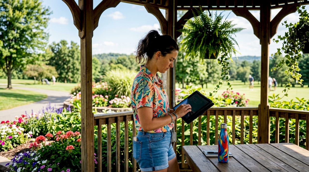 Hands holding tablet with golf cart tracking app