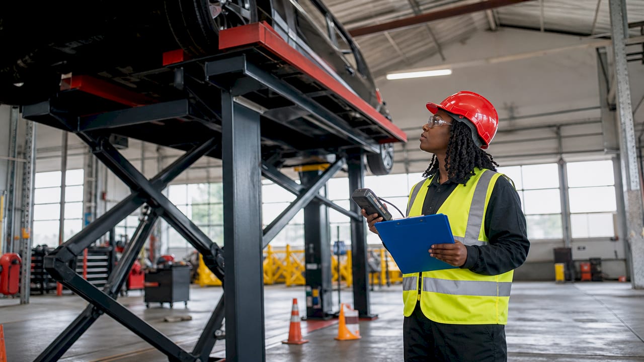 Engineer monitoring car lift weight capacity test