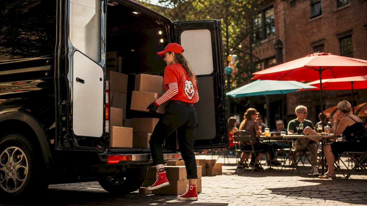 Delivery driver loading electric van packages outdoors