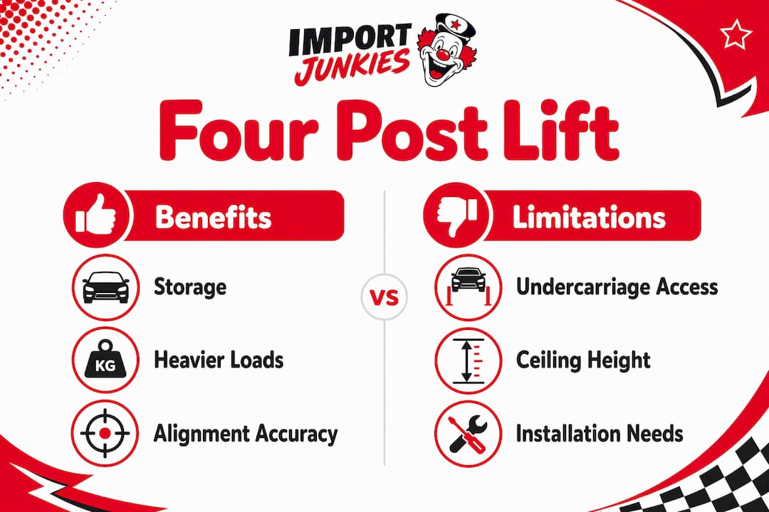 Infographic comparing four post lift benefits and limitations