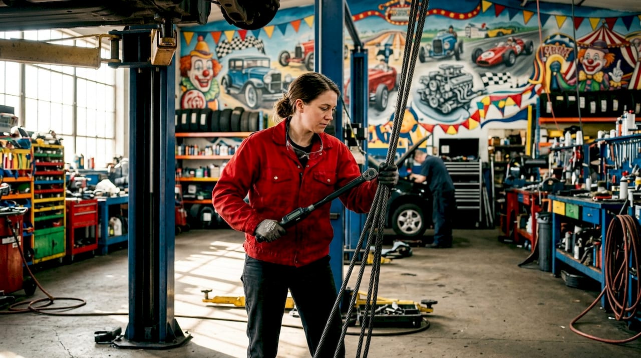 Inspector checking vehicle lift cables with tool