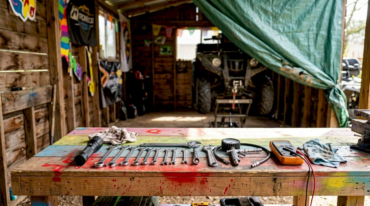 Vehicle inspection tools on garage bench