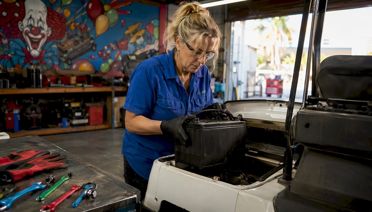 Technician replacing golf cart battery indoors