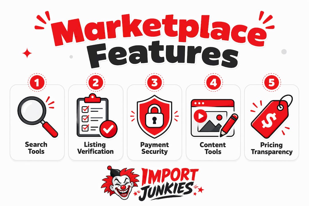 Infographic illustrating key features of vehicle marketplaces