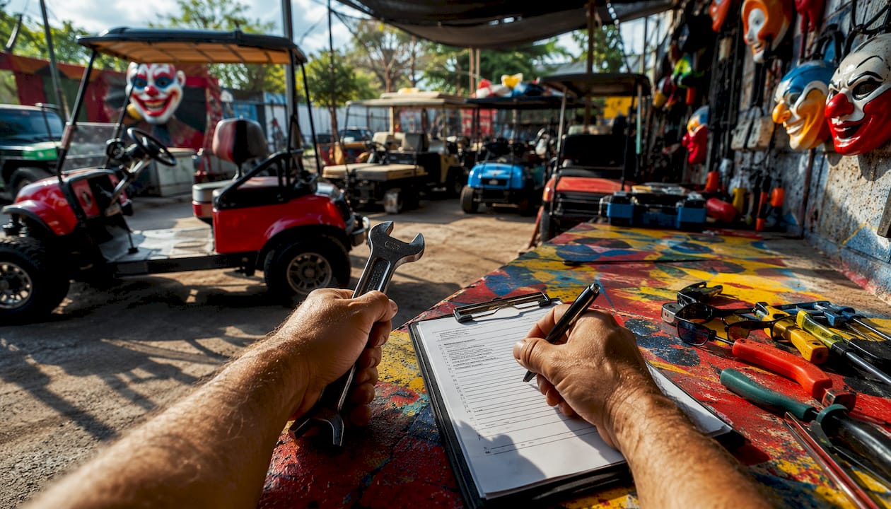 Hands holding wrench and maintenance checklist in garage