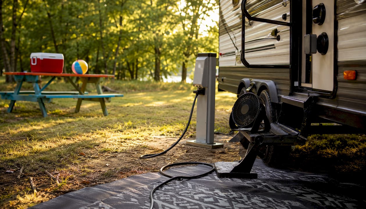RV electrical hookup and camping setup close-up