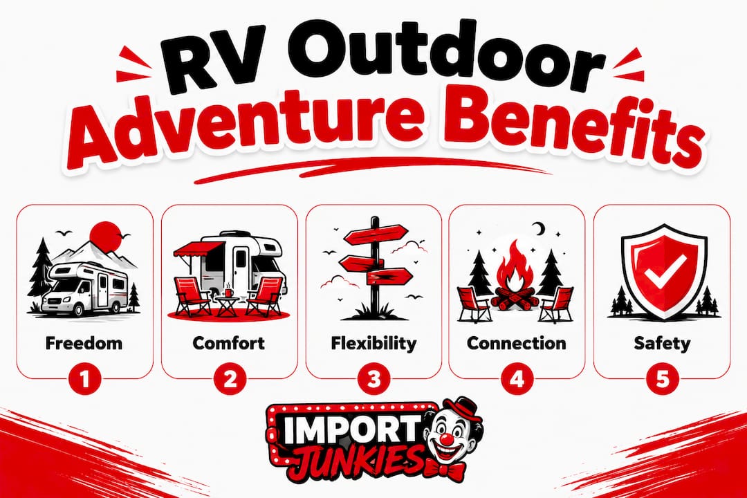 Infographic illustrating five key benefits of RV outdoor adventures