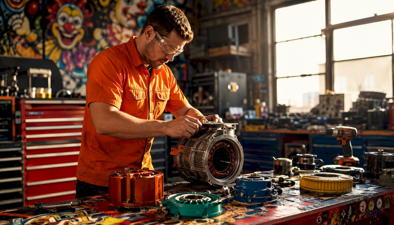 Technician assembling electric vehicle motor