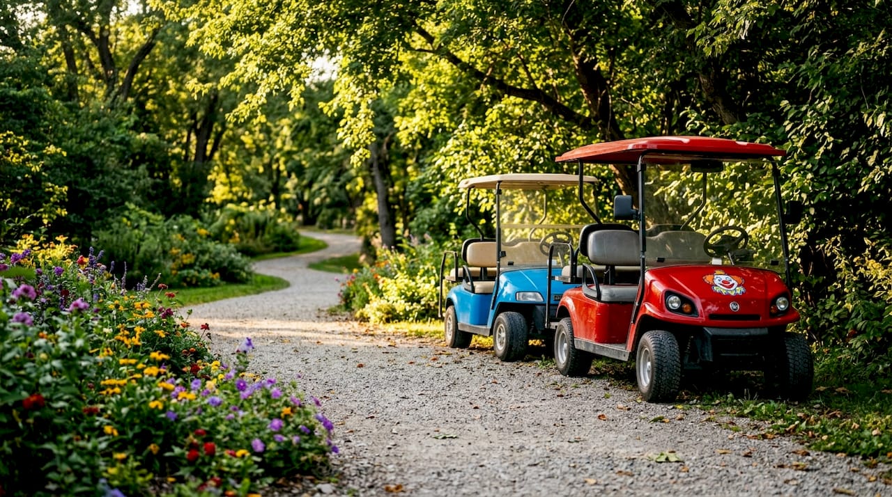 Side-by-side low-speed vehicle and golf cart outdoors