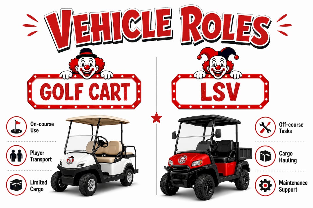 Infographic comparing golf carts and LSV roles on courses