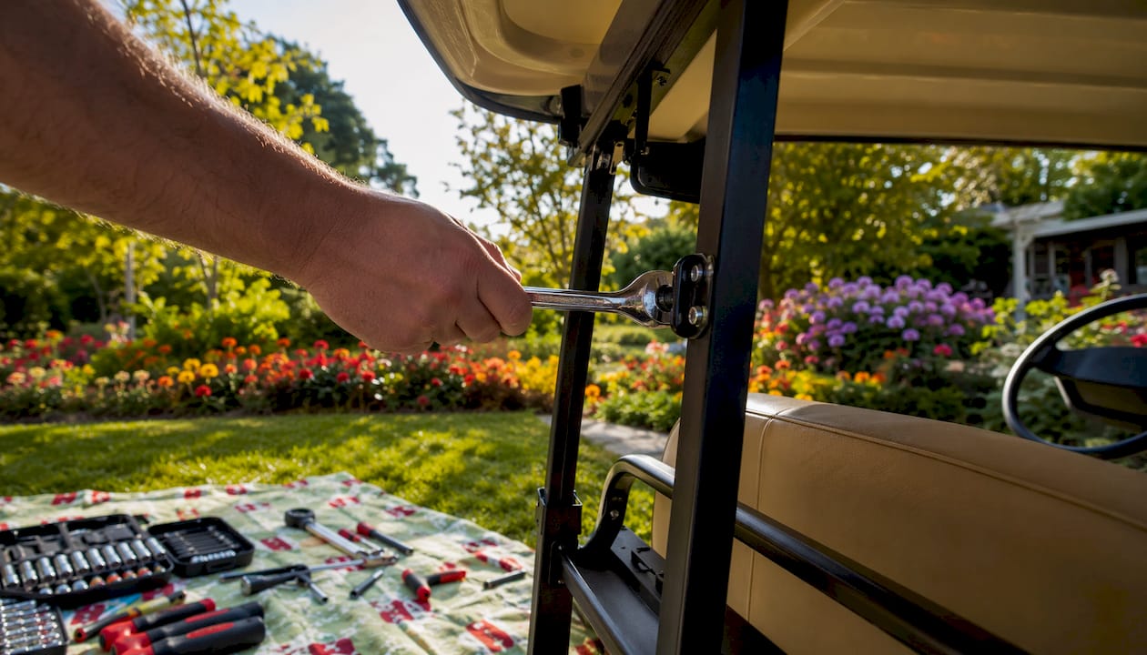 Hand tightening bolt on golf cart canopy frame