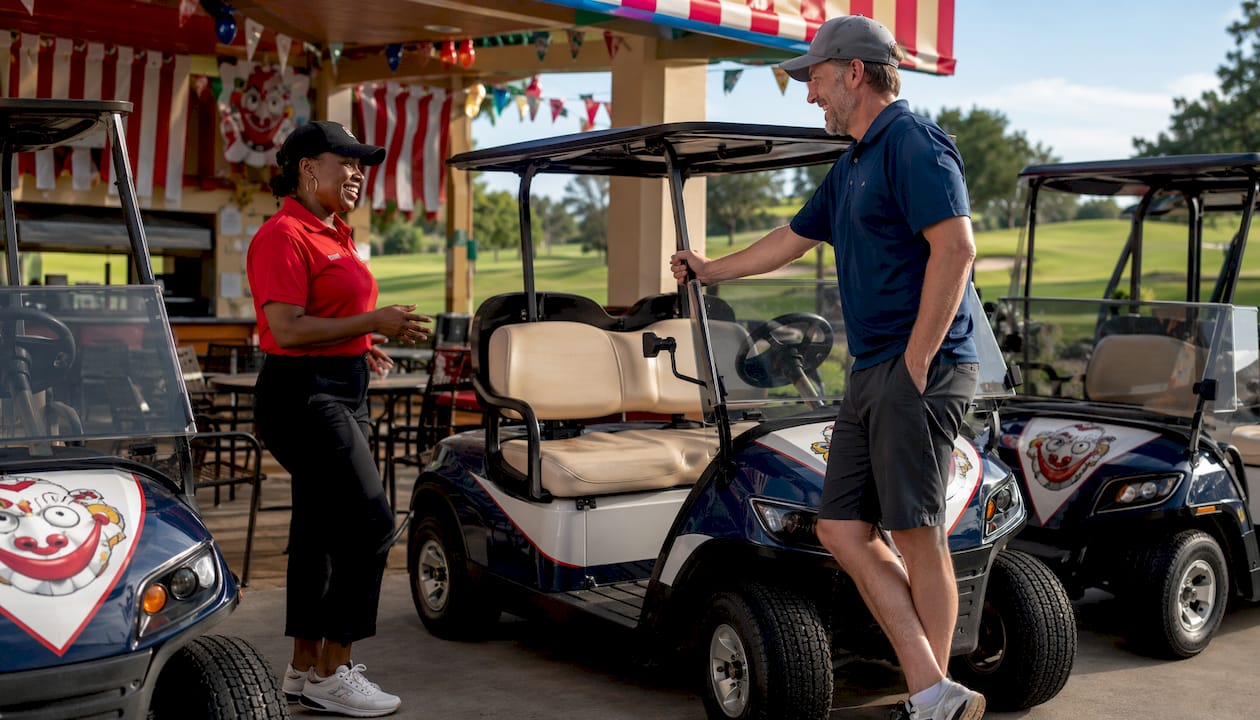 Golf staff preparing leased electric golf carts outdoors