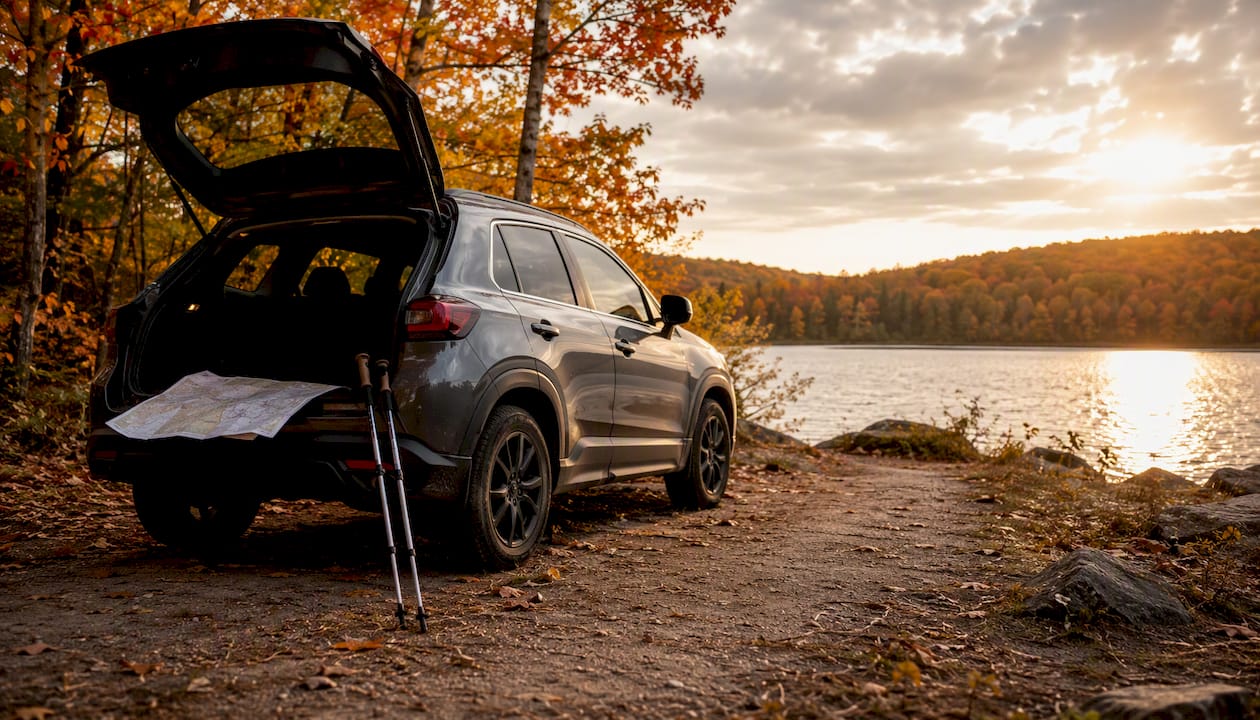 AWD crossover parked at mountain trailhead with mist