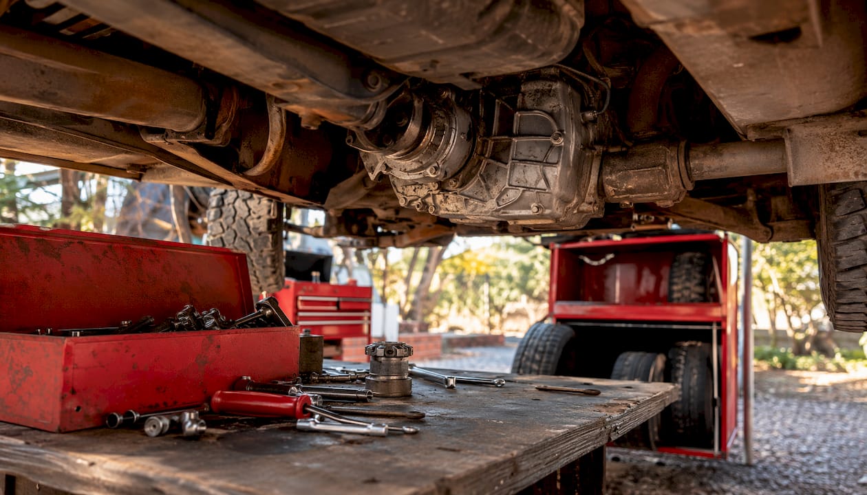 Vehicle undercarriage showing low-range transfer case details