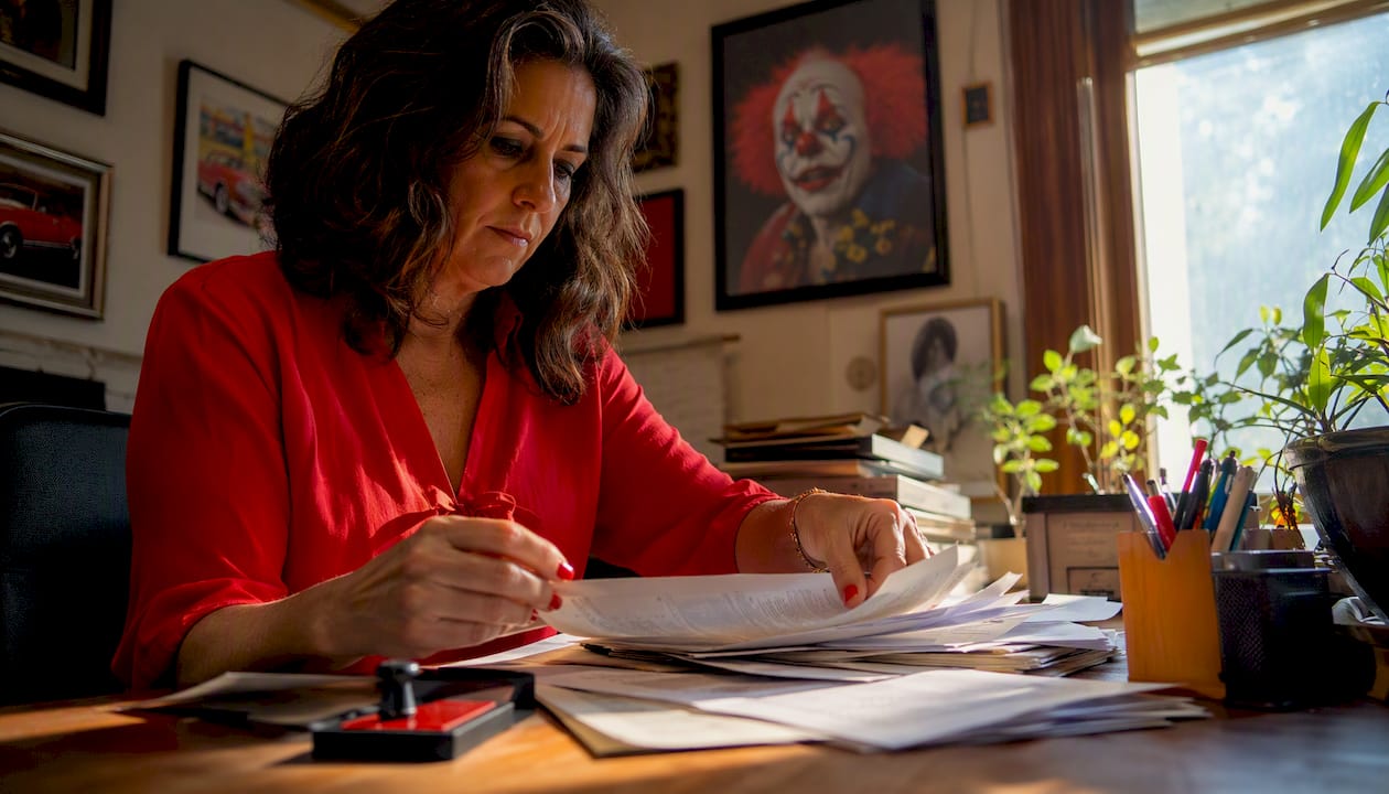 Office worker organizing vehicle sale paperwork