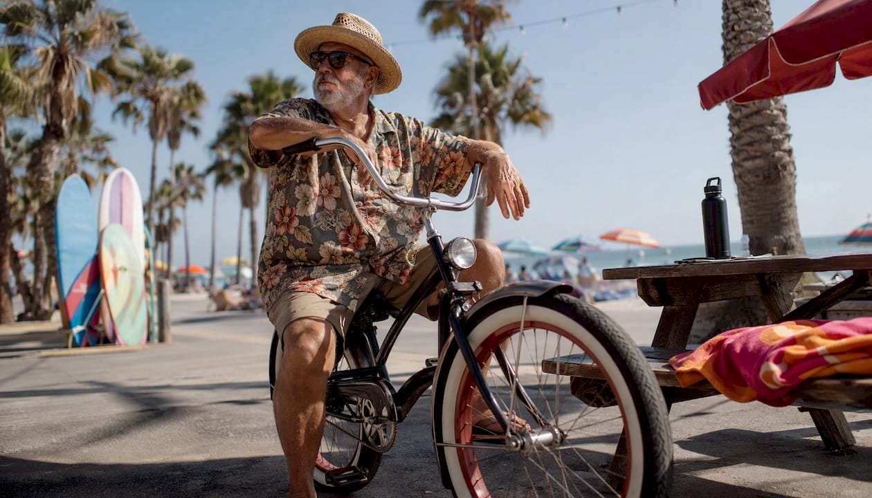 Senior man riding cruiser bike on beach path