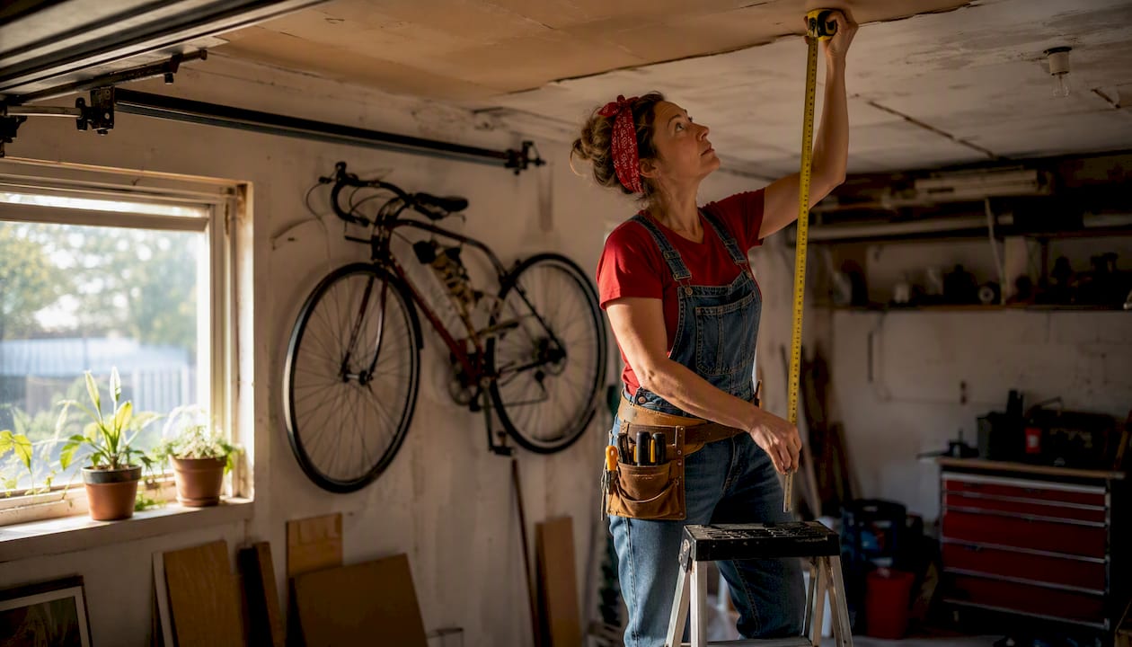Woman measures ceiling height in single-car garage