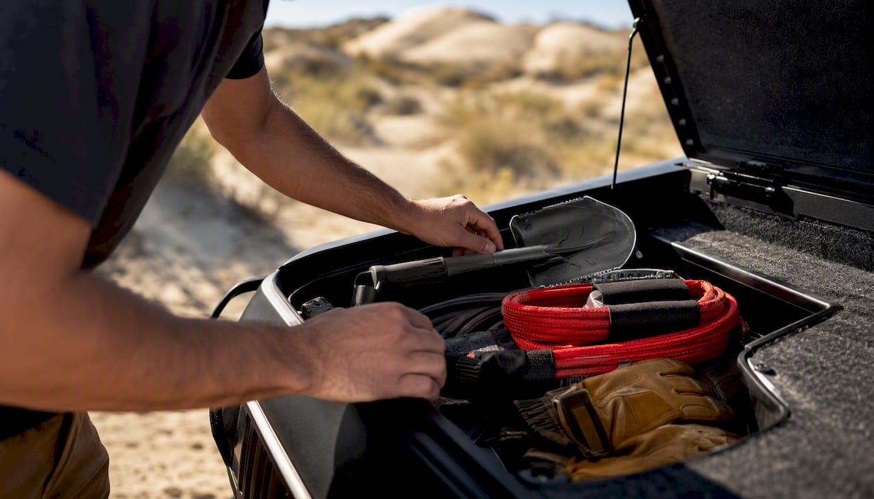Hands packing off-road recovery gear in sand dunes