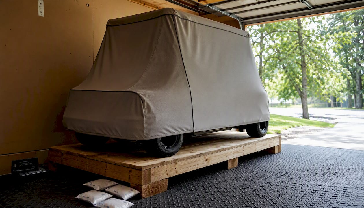 Covered golf cart in indoor storage