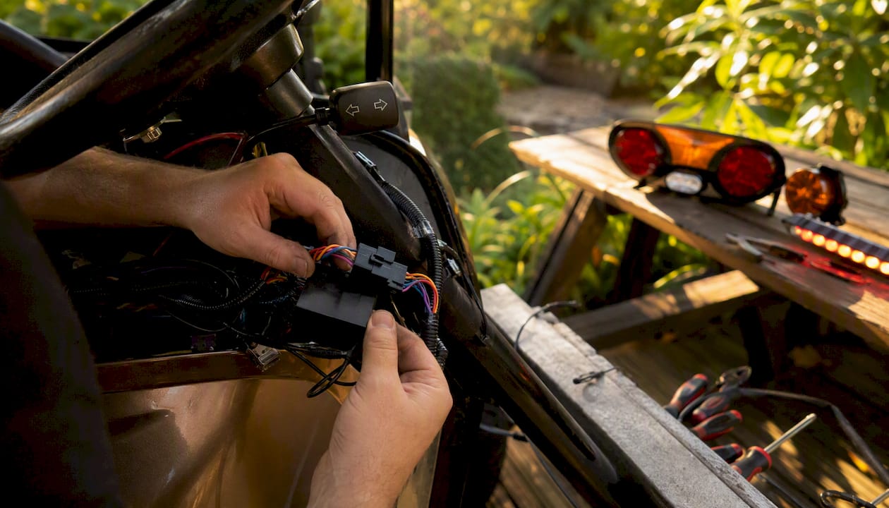 Hands wiring voltage reducer on golf cart