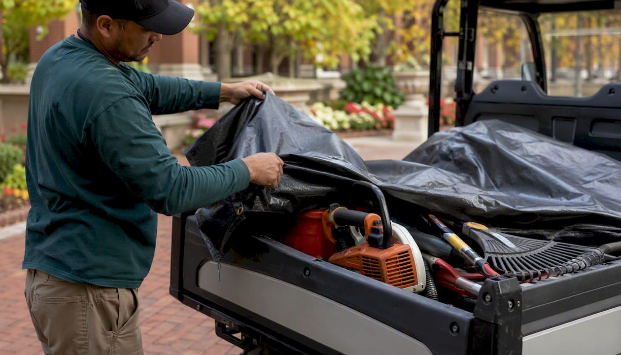 Utility vehicle cargo bed loaded on campus