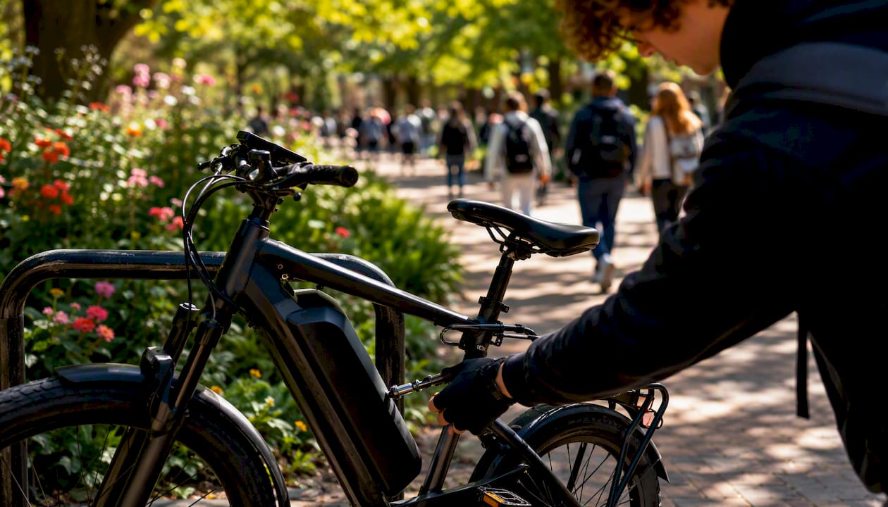 E-bike locked on campus rack ready for use