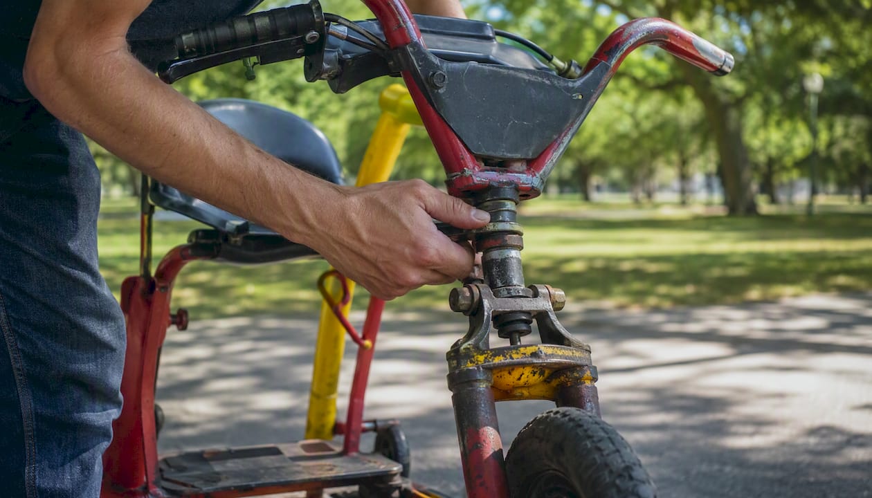 Hand testing steering play on trike handlebars