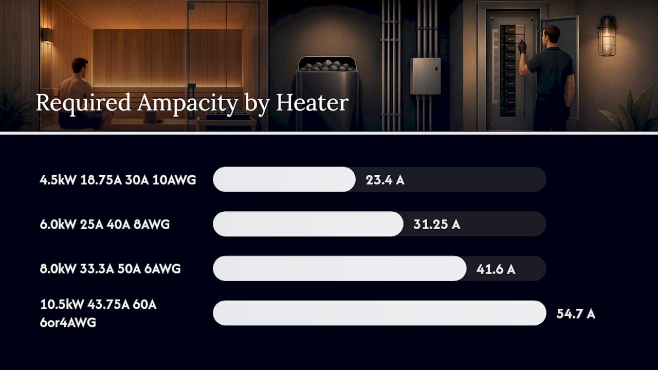 Diagram of sauna heater sizing, breaker amperage, and wire gauge requirements