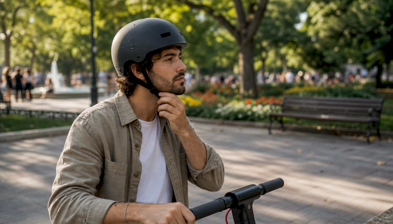 Person adjusting helmet before scooter ride