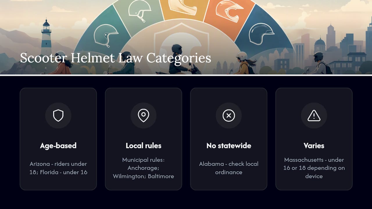 US map categorizing scooter helmet laws by state