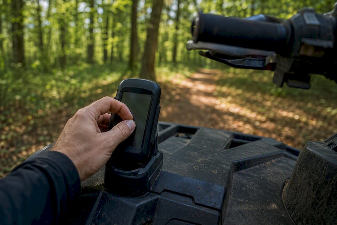 Hand holding GPS device during ATV trail test