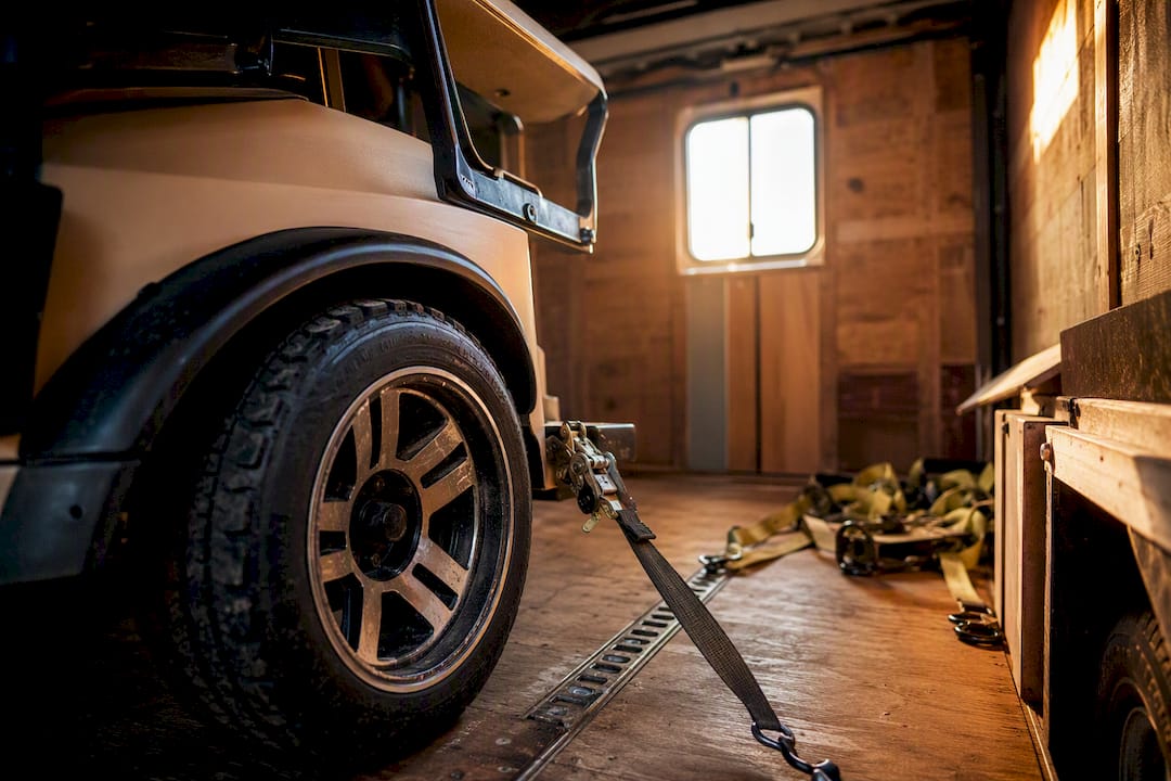 Golf cart wheel secured inside enclosed trailer