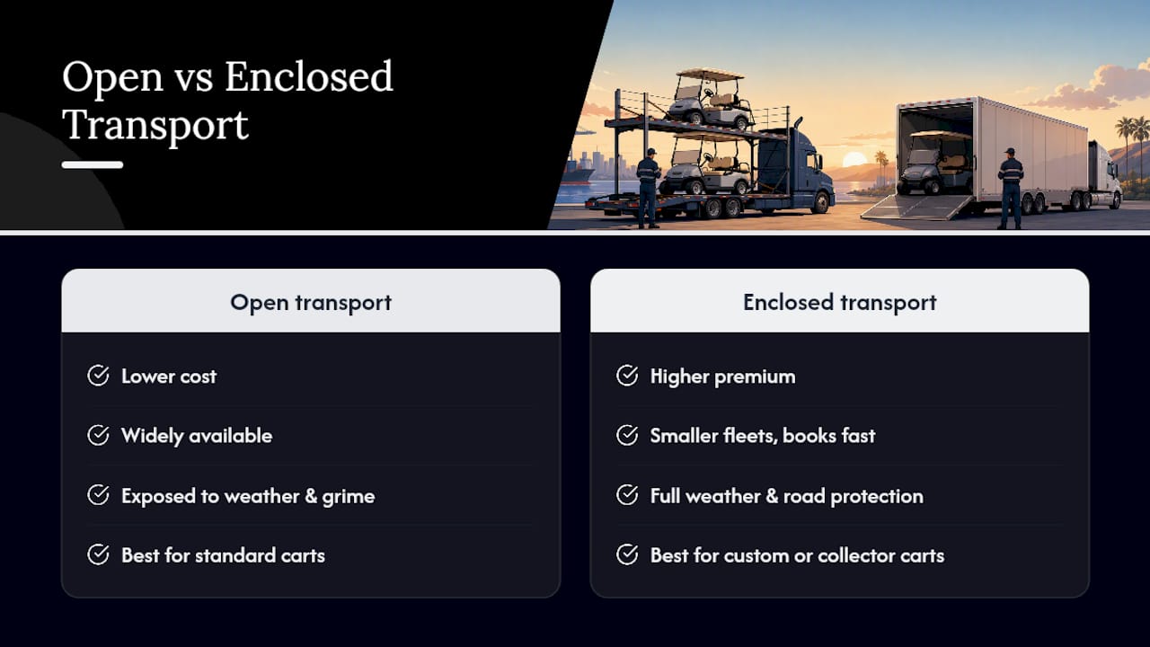 Cost and feature comparison of open and enclosed golf cart shipping