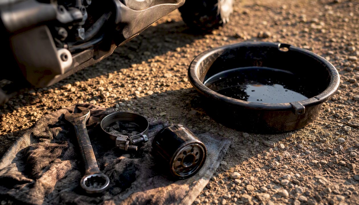 UTV oil change tools on ground outdoors