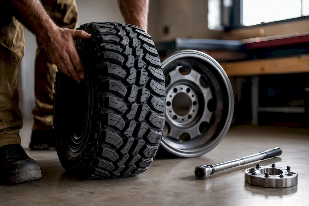 All-terrain tire tread beside compact wheel