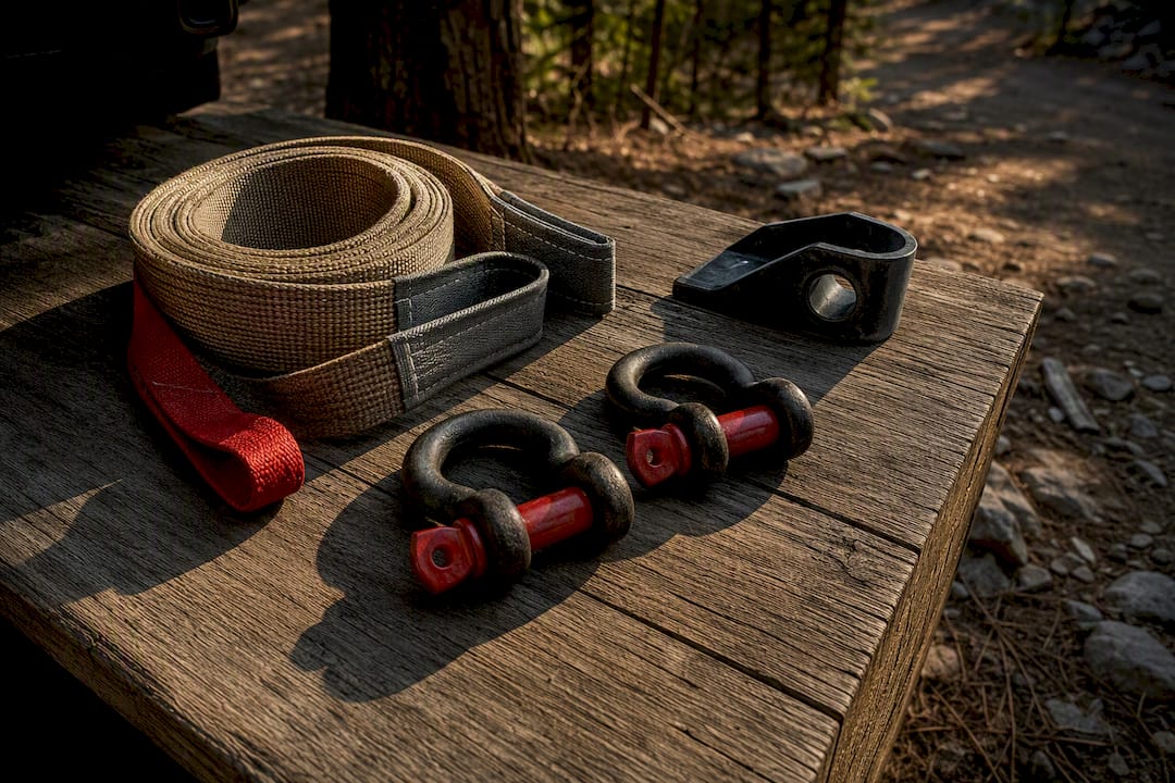 Tow strap and shackles arranged for recovery